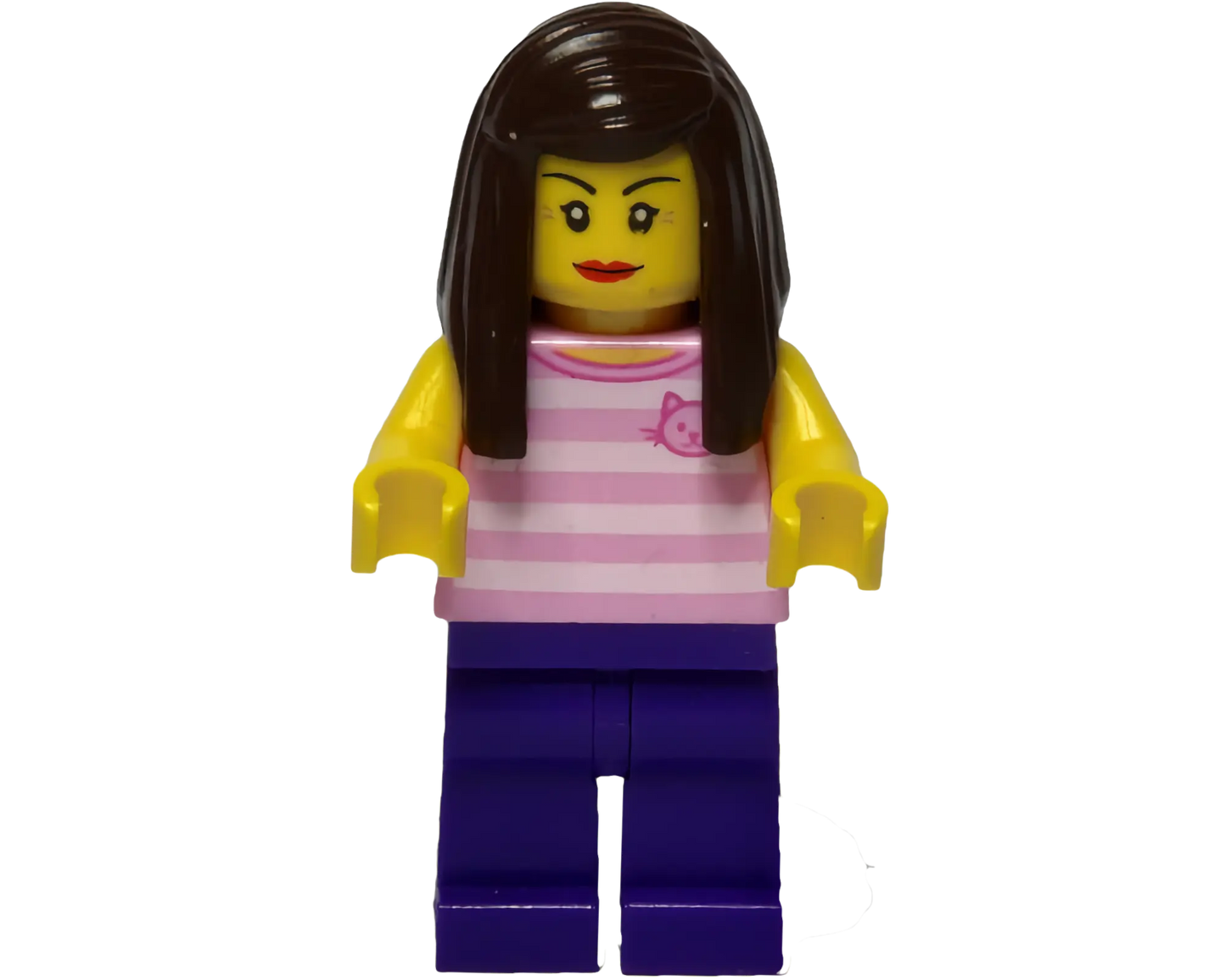 Minifig cty0719 - Rollerskater - Female, Bright Pink Striped Shirt with Cat Head, Dark Purple Legs, Dark Brown Long Hair, Red Lips, Black Skates