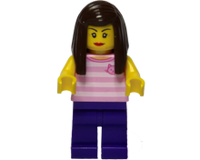 Minifig cty0719 - Rollerskater - Female, Bright Pink Striped Shirt with Cat Head, Dark Purple Legs, Dark Brown Long Hair, Red Lips, Black Skates