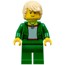 Minifig cty0722 - Saxophone Player - Female, Green Jacket with Necklace, Green Legs, Tan Hair Tousled with Side Part, Black Eyebrows