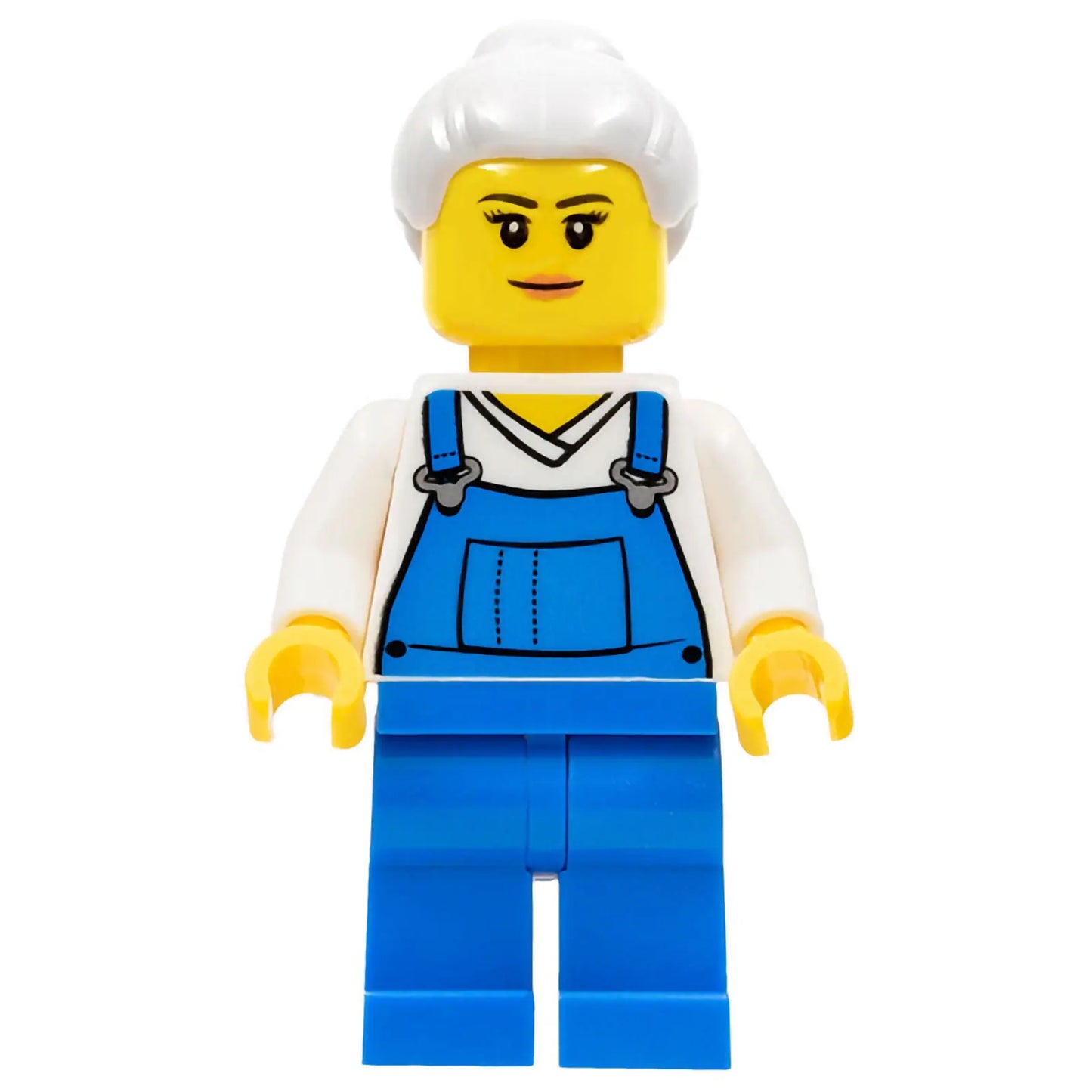 Minifig cty0723 - Farm Hand, Female, Overalls Blue over V-Neck Shirt, Light Bluish Gray Hair with Top Knot Bun