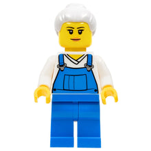 Minifig cty0723 - Farm Hand, Female, Overalls Blue over V-Neck Shirt, Light Bluish Gray Hair with Top Knot Bun