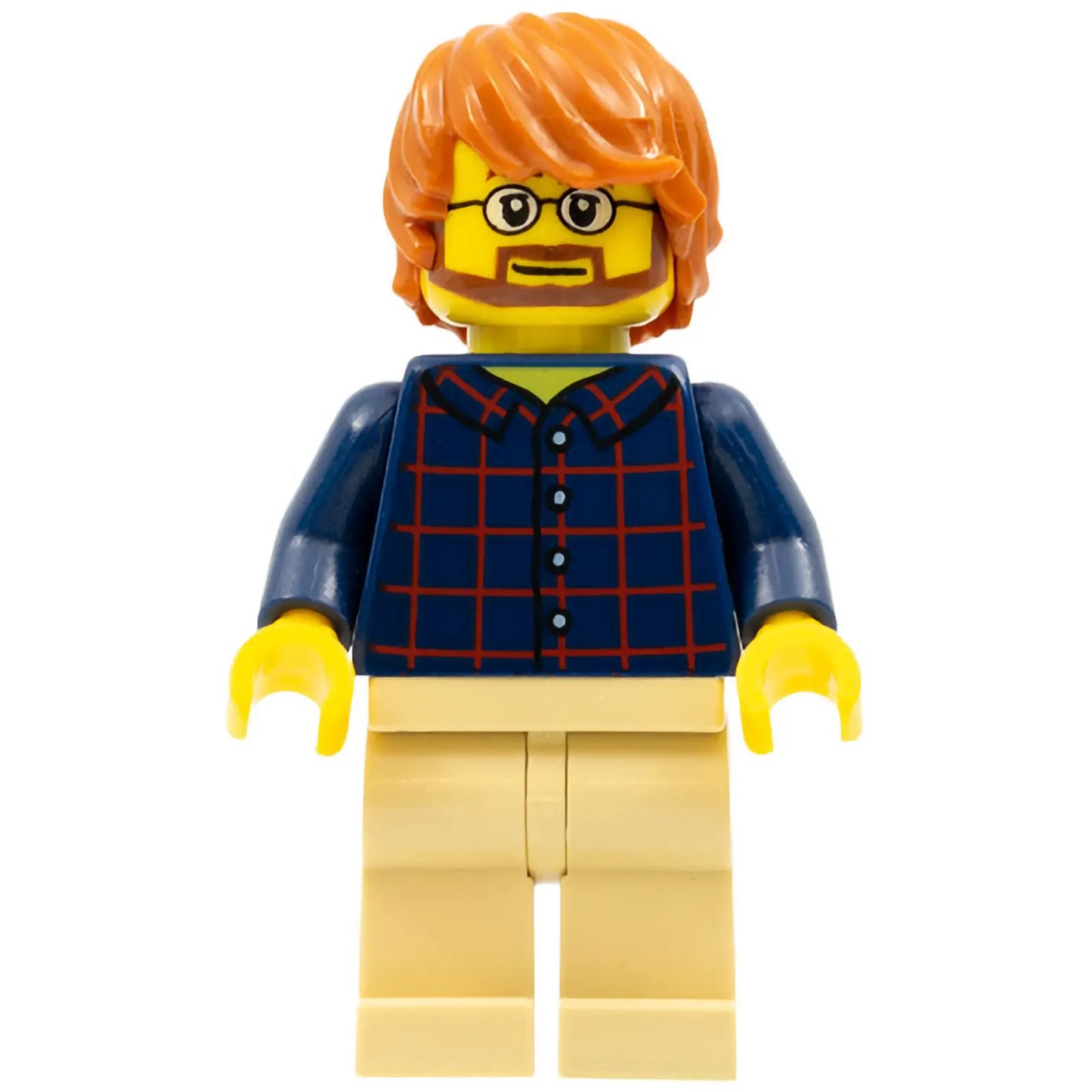 Minifig cty0726 - Plaid Button Shirt Front and Back, Tan Legs, Dark Orange Tousled Hair