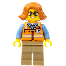 Minifig cty0801 - Cargo Office Worker - Orange Safety Vest with Reflective Stripes, Dark Tan Legs, Dark Orange Female Hair Short Swept Sideways, Glasses