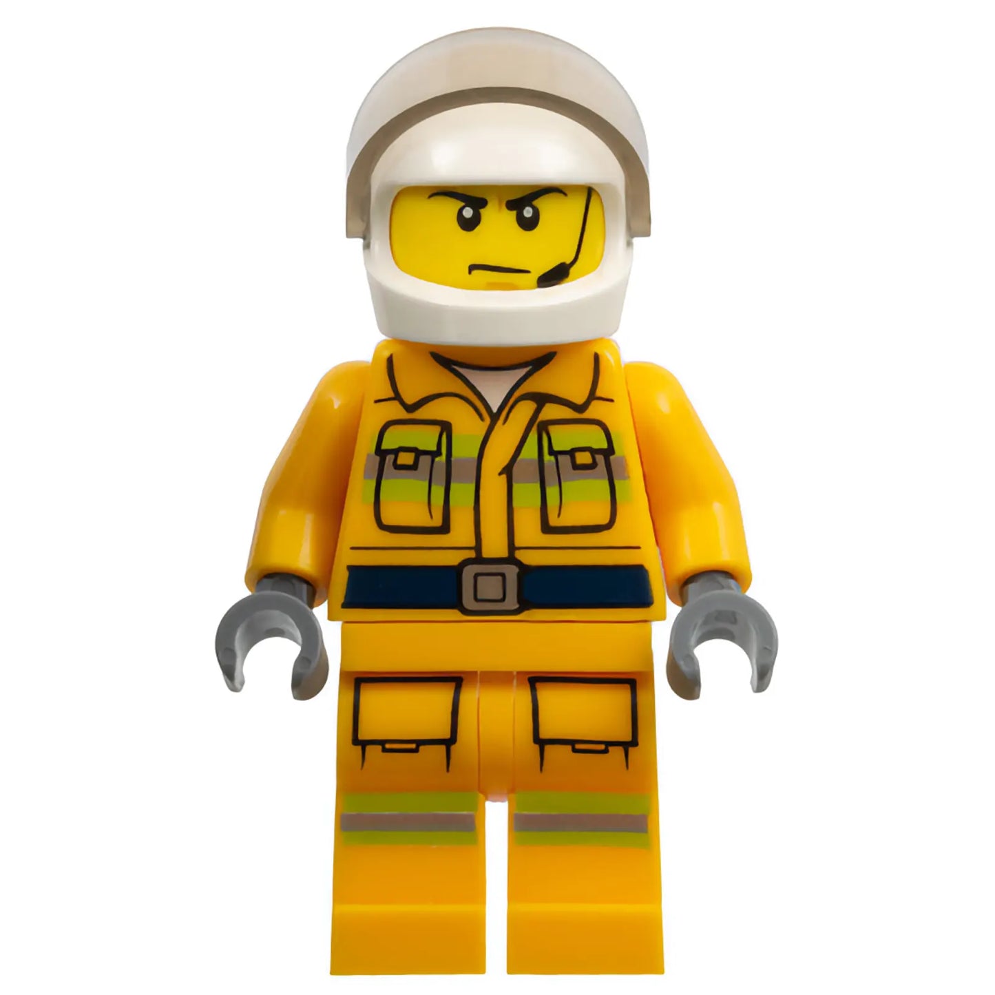 Minifig cty0968 - Fire - Reflective Stripes, Bright Light Orange Suit, White Helmet, Scowl