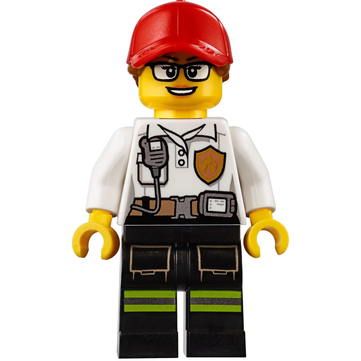 Minifig cty0970 - Fire - Female White Shirt with Fire Logo Badge and Belt, Reflective Stripes on Black Legs, Red Cap with Ponytail