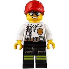 Minifig cty0970 - Fire - Female White Shirt with Fire Logo Badge and Belt, Reflective Stripes on Black Legs, Red Cap with Ponytail