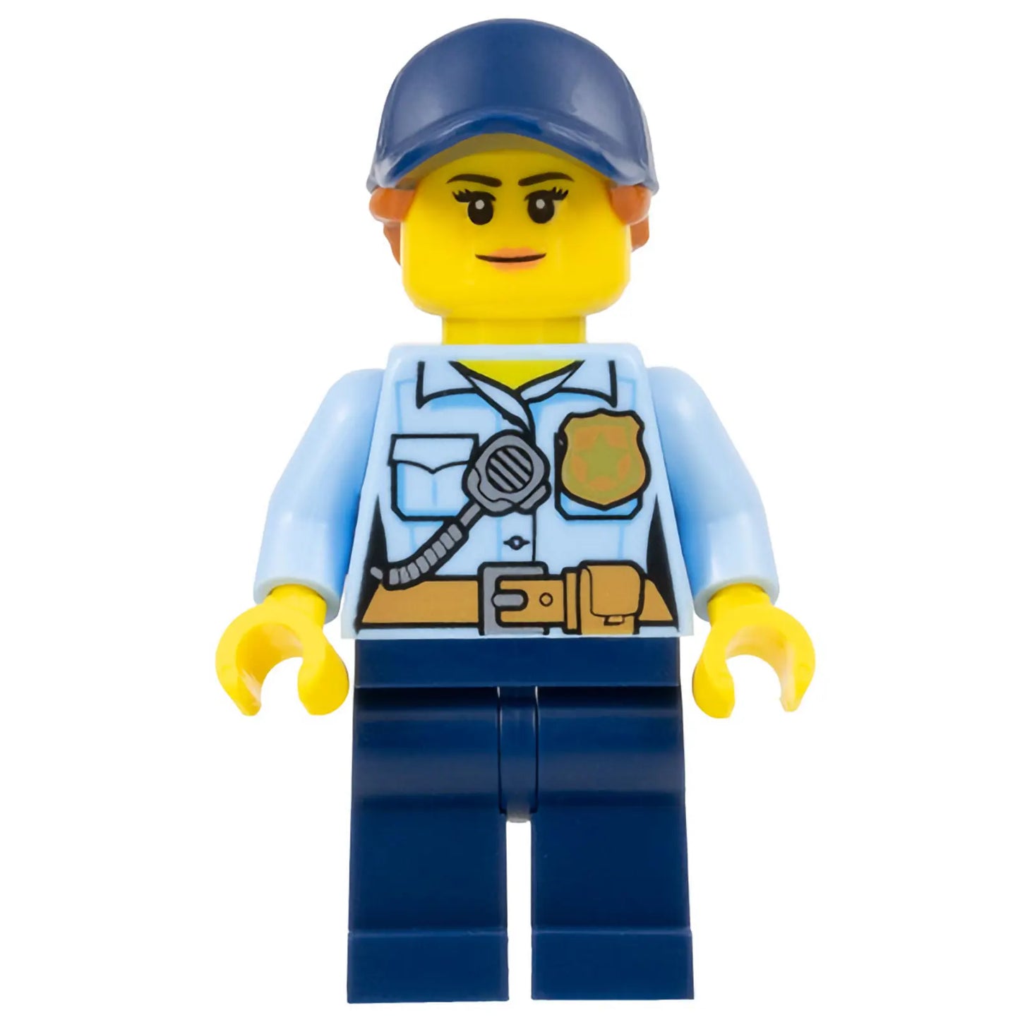 Minifig cty0992 - Police - City Officer Female, Bright Light Blue Shirt with Badge and Radio, Dark Blue Legs, Dark Blue Cap with Dark Orange Ponytail
