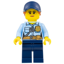Minifig cty0992 - Police - City Officer Female, Bright Light Blue Shirt with Badge and Radio, Dark Blue Legs, Dark Blue Cap with Dark Orange Ponytail