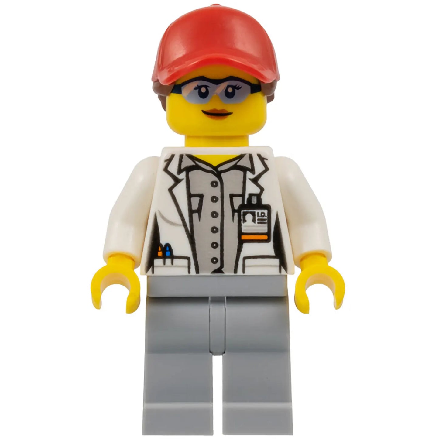 Minifig cty1069 - Scientist - Female, Red Cap with Ponytail Hair, Blue Goggles and Light Bluish Gray Legs