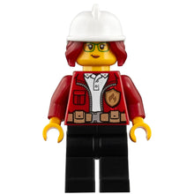 Minifig cty1211 - Fire Chief, Female - Freya McCloud, Dark Red Jacket, Black Legs, White Fire Helmet, Dark Red Hair