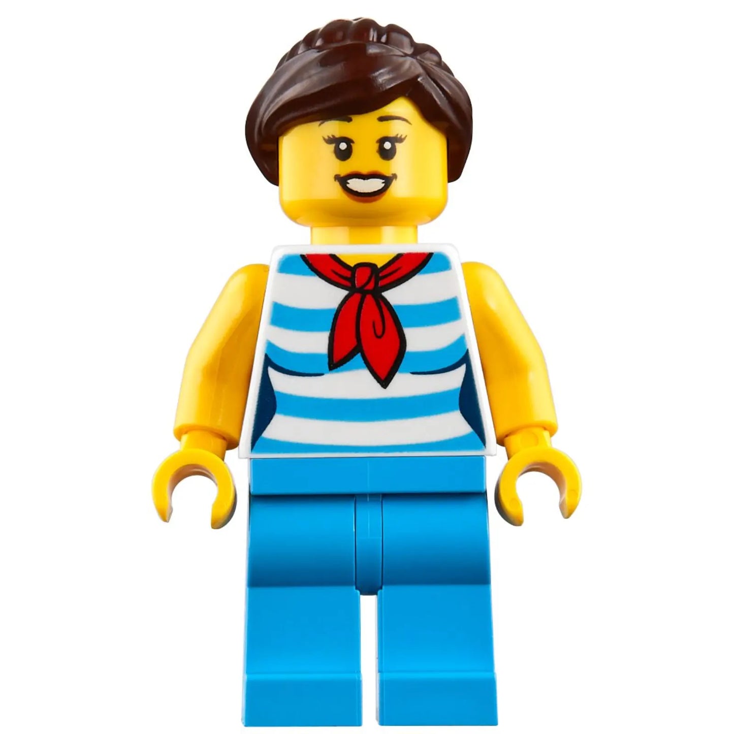 Minifig cty1213 - Diner Employee - Female, Dark Azure and White Striped Shirt with Red Scarf, Dark Azure Legs, Dark Brown Ponytail