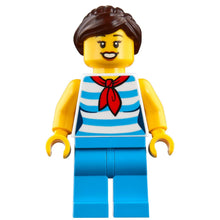 Minifig cty1213 - Diner Employee - Female, Dark Azure and White Striped Shirt with Red Scarf, Dark Azure Legs, Dark Brown Ponytail