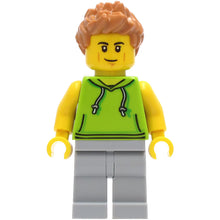 Minifig cty1267 - Car Driver - Male, Lime Hoodie, Light Bluish Gray Legs, Medium Nougat Hair