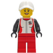 Minifig cty1269 - Woman - Red and White Racing Jacket, Red Legs, White Cap with Bright Light Yellow Ponytail Hair