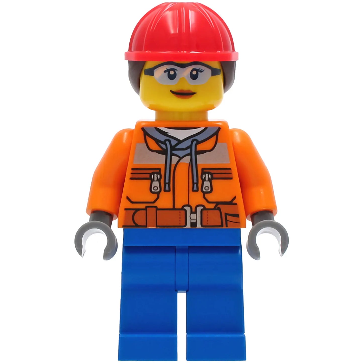 Minifig cty1272 - Construction Worker - Female, Orange Safety Jacket, Reflective Stripe, Sand Blue Hoodie, Blue Legs, Red Construction Helmet with Dark Brown Ponytail Hair, Safety Glasses