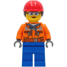 Minifig cty1272 - Construction Worker - Female, Orange Safety Jacket, Reflective Stripe, Sand Blue Hoodie, Blue Legs, Red Construction Helmet with Dark Brown Ponytail Hair, Safety Glasses
