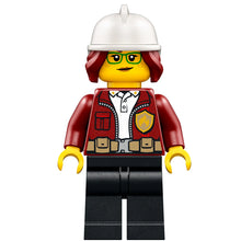 Minifig cty1288 - Fire Chief, Female - Freya McCloud, Dark Red Jacket, Black Legs, White Fire Helmet, Open Mouth Smile / Lopsided Grin Pattern