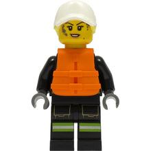 Minifig cty1309 - Fire - Female, Black Jacket and Legs with Reflective Stripes and Red Collar, White Cap with Bright Light Yellow Ponytail Hair, Orange Life Jacket, Dark Bluish Gray Splotches
