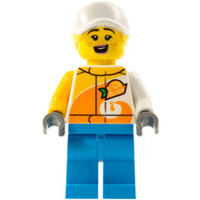 Minifig cty1314 - Stuntz Crew - Female, Bright Light Orange and White 'ViTA RUSH' Jacket, Dark Azure Legs, White Cap with Bright Light Yellow Ponytail Hair, Freckles