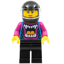 Minifig cty1320 - Ann McCloud - Stuntz Driver, Dark Azure Jacket with Animal Mouth and Magenta Arms, Black Legs, Black Helmet, Trans-Clear Visor