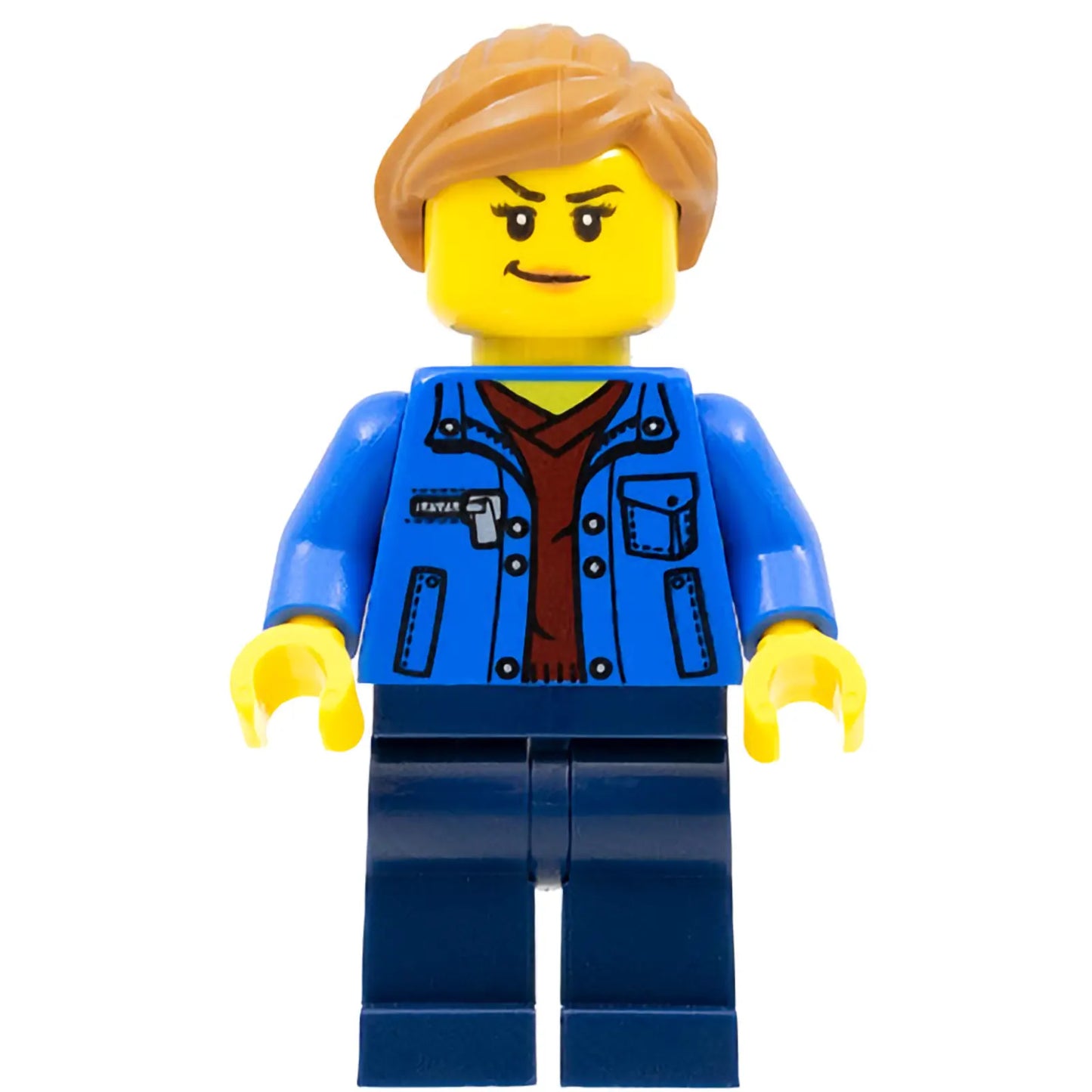 Minifig cty1322 - Stuntz Spectator - Female, Blue Jacket over Dark Red V-Neck Sweater, Dark Blue Legs, Medium Nougat Ponytail