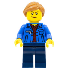Minifig cty1322 - Stuntz Spectator - Female, Blue Jacket over Dark Red V-Neck Sweater, Dark Blue Legs, Medium Nougat Ponytail