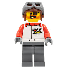 Minifig cty1324 - Stuntz Driver - Male, White Racing Jacket with Red Arms, Dark Bluish Gray Legs, Reddish Brown Aviator Cap, Eye Patch