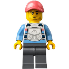 Minifig cty1326 - Alex - Stuntz Driver, White Racing Chest Protector with Medium Blue Arms, Dark Bluish Gray Legs, Coral Cap, Stubble