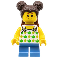 Minifig cty1333 - Child - Girl, White Halter Top with Green Apples and Lime Spots, Medium Blue Short Legs, Dark Brown Hair with Buns, Freckles, Reddish Brown Backpack