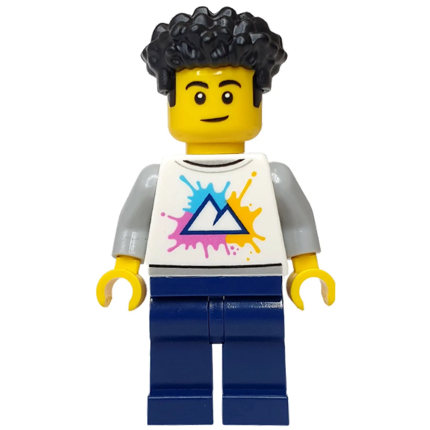 Minifig cty1340 - Hospital Visitor - Male, White Shirt with Mountains Logo, Dark Blue Legs, Black Coiled Hair
