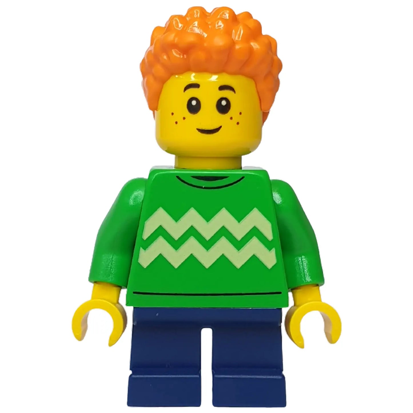 Minifig cty1343 - Child - Boy, Bright Green Sweater with Bright Light Yellow Zigzag Lines, Dark Blue Short Legs, Orange Short Coiled Hair, Freckles