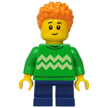 Minifig cty1343 - Child - Boy, Bright Green Sweater with Bright Light Yellow Zigzag Lines, Dark Blue Short Legs, Orange Short Coiled Hair, Freckles