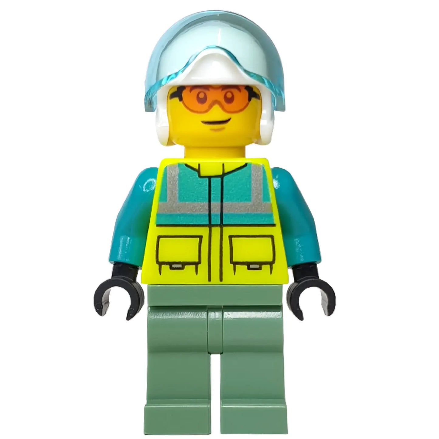 Minifig cty1344 - Rescue Helicopter Pilot - Male, Dark Turquoise and Neon Yellow Safety Vest, Sand Green Legs, White Helmet, Trans-Light Blue Visor, Safety Glasses