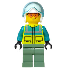 Minifig cty1344 - Rescue Helicopter Pilot - Male, Dark Turquoise and Neon Yellow Safety Vest, Sand Green Legs, White Helmet, Trans-Light Blue Visor, Safety Glasses