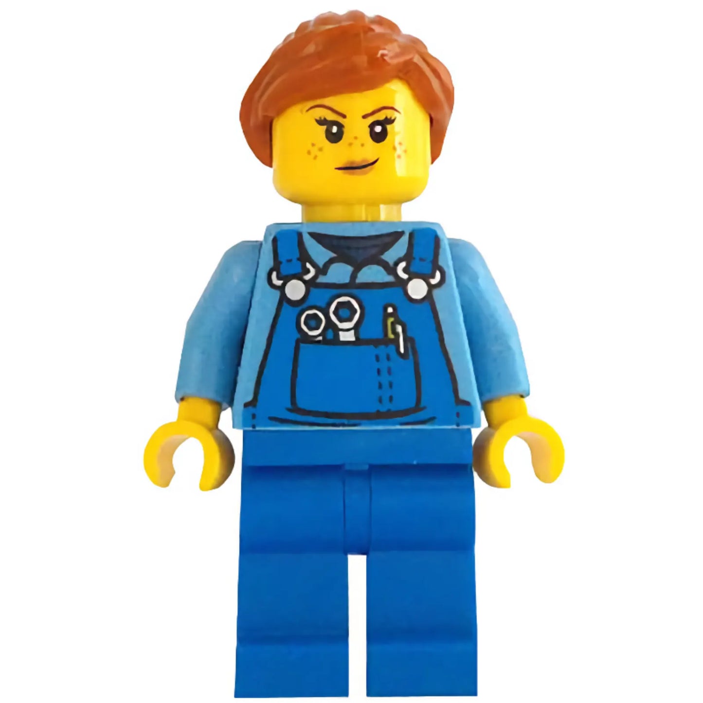 Minifig cty1348 - Janitor - Female, Blue Overalls over Medium Blue Shirt, Blue Legs, Dark Orange Hair, Back Print