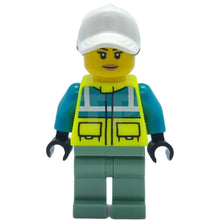 Minifig cty1349 - Ambulance Driver - Female, Dark Turquoise and Neon Yellow Safety Vest, Sand Green Legs, White Cap with Reddish Brown Ponytail Hair