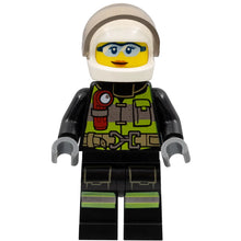 Minifig cty1355 - Fire - Reflective Stripes with Utility Belt and Flashlight, White Helmet, Trans-Brown Visor, Safety Glasses, Peach Lips Closed Mouth Smile