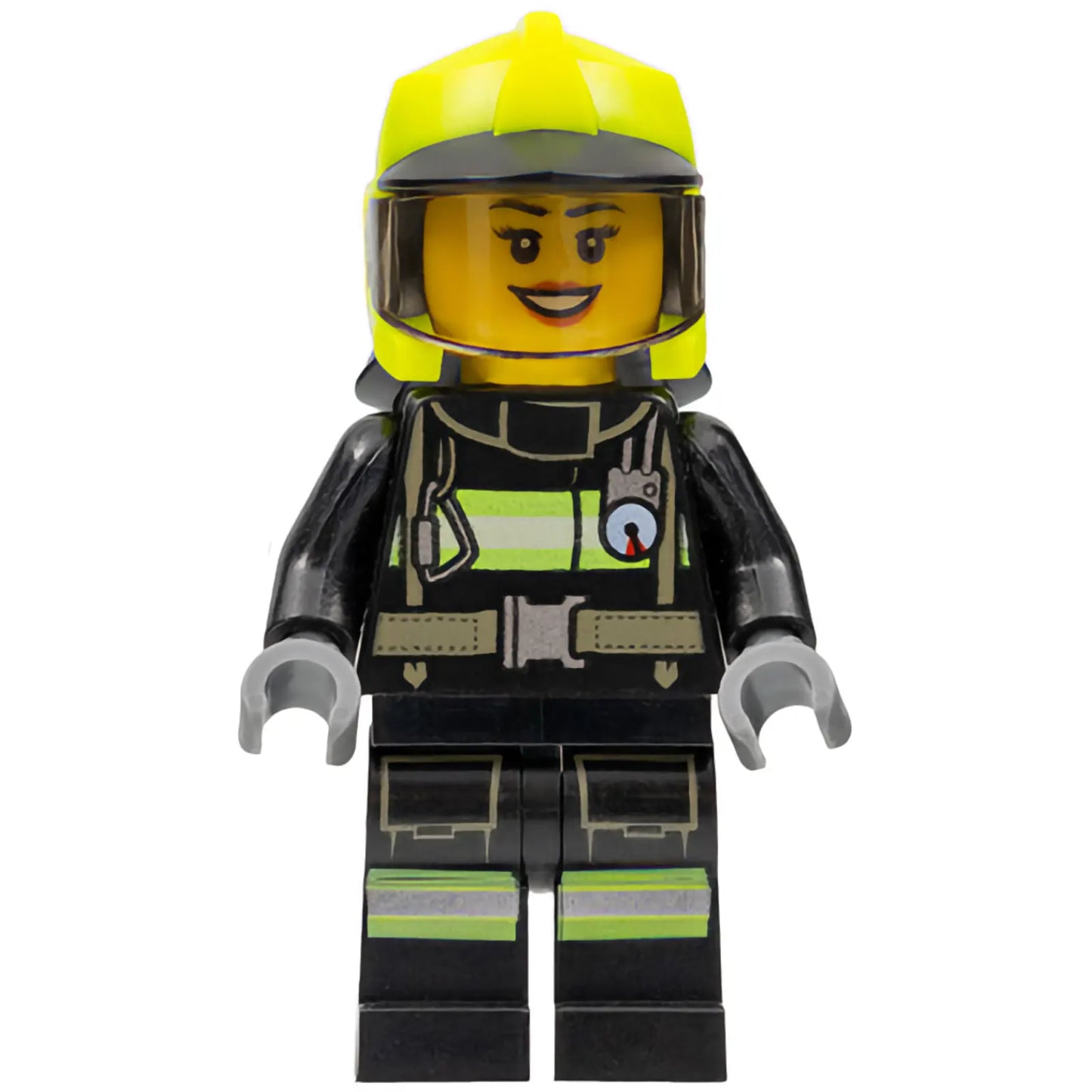 Minifig cty1357 - Fire - Female, Black Jacket and Legs with Reflective Stripes, Neon Yellow Fire Helmet, Trans-Brown Visor