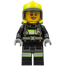Minifig cty1357 - Fire - Female, Black Jacket and Legs with Reflective Stripes, Neon Yellow Fire Helmet, Trans-Brown Visor