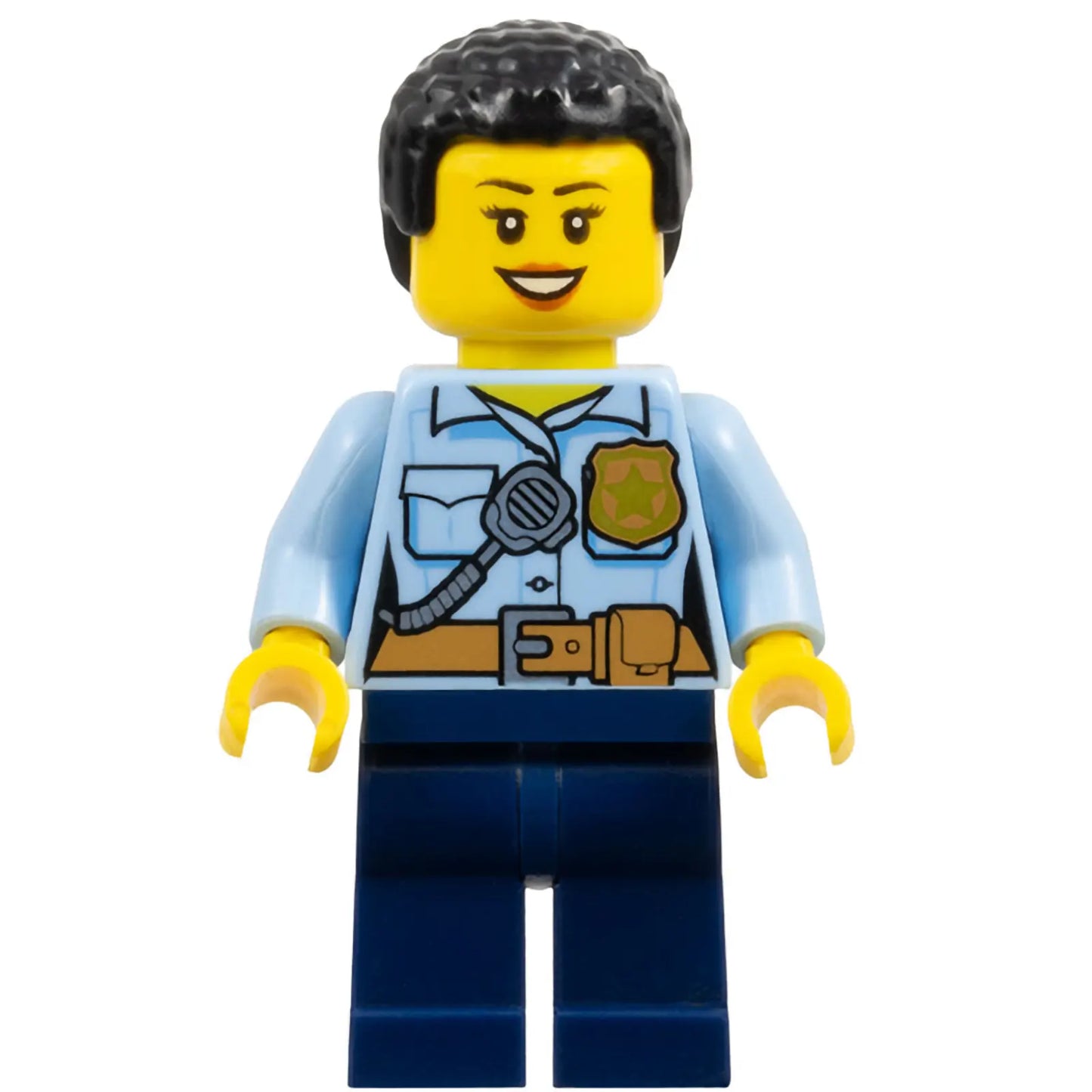 Minifig cty1381 - Police - City Officer Female, Bright Light Blue Shirt with Badge and Radio, Dark Blue Legs, Short Black Curly Hair