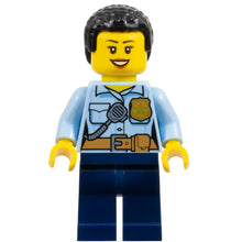 Minifig cty1381 - Police - City Officer Female, Bright Light Blue Shirt with Badge and Radio, Dark Blue Legs, Short Black Curly Hair