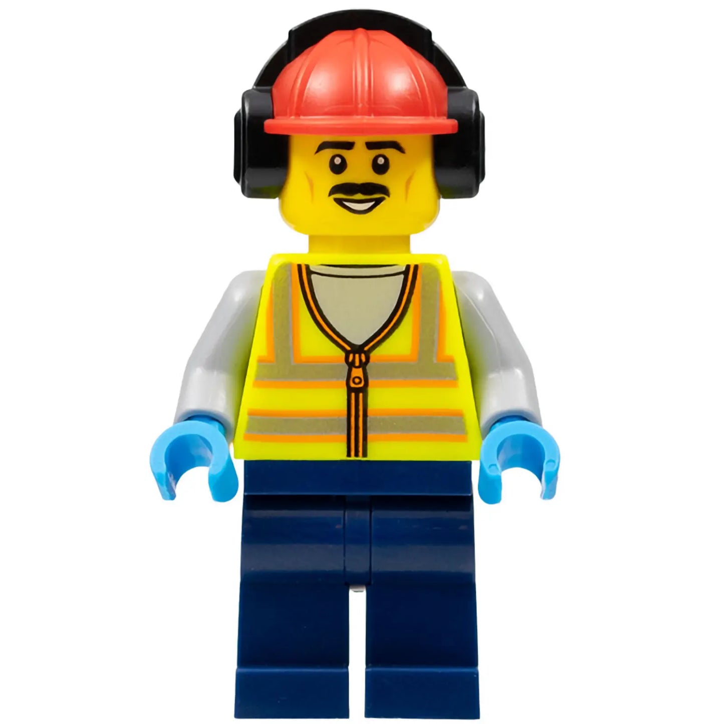 Minifig cty1455 - Stuntz Crew - Male, Neon Yellow Safety Vest, Dark Blue Legs, Red Construction Helmet with Black Ear Protectors / Headphones