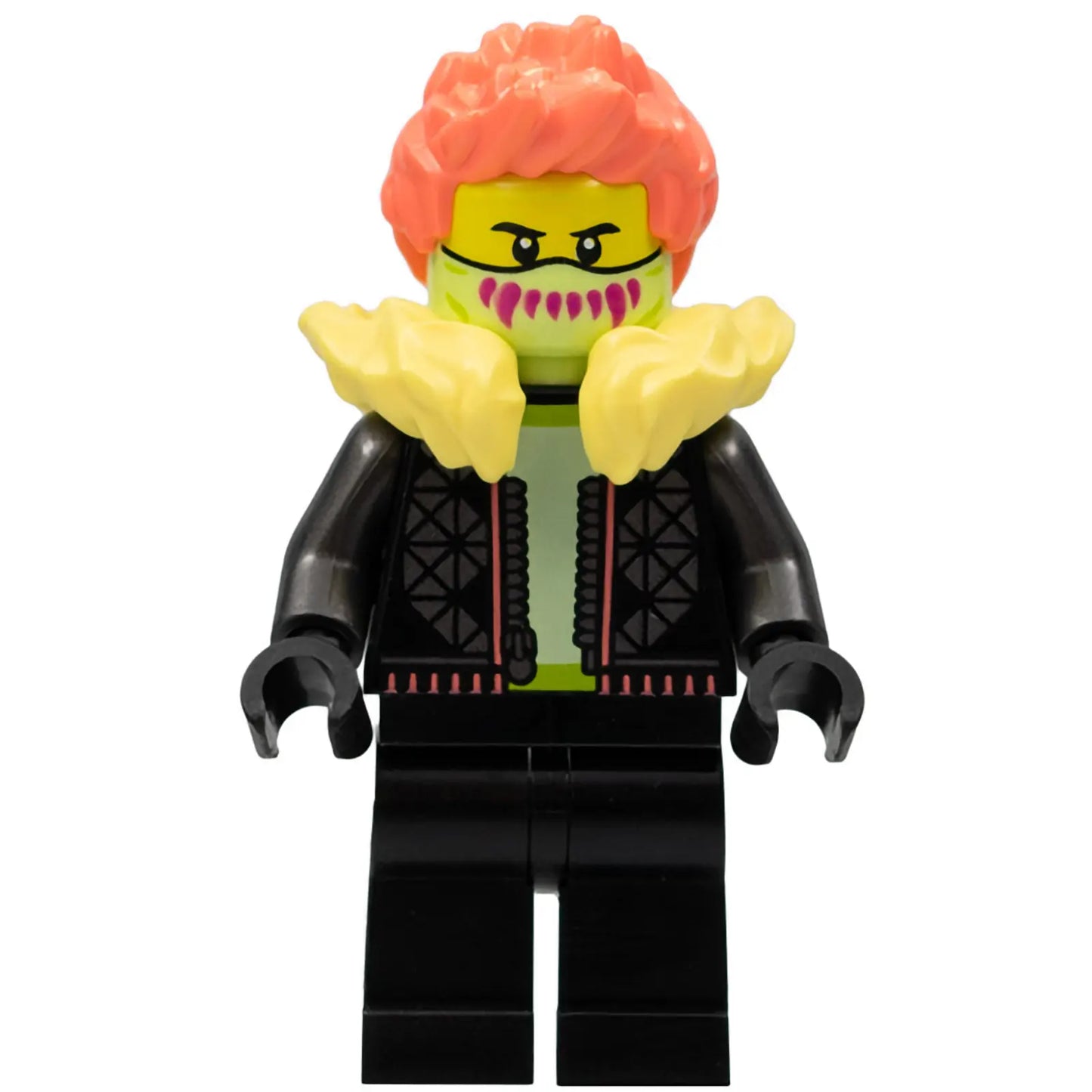 Minifig cty1457 - Stuntz Driver - Male, Black Jacket and Legs, Bright Light Yellow Fur Collar, Coral Spiked Hair, Yellowish Green Mask