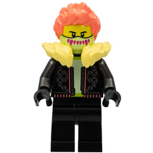 Minifig cty1457 - Stuntz Driver - Male, Black Jacket and Legs, Bright Light Yellow Fur Collar, Coral Spiked Hair, Yellowish Green Mask