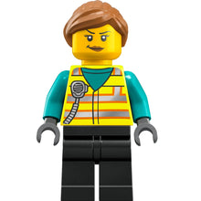 Minifig cty1464 - Train Driver - Female, Neon Yellow Safety Vest with Radio, Black Legs, Medium Nougat Ponytail Hair