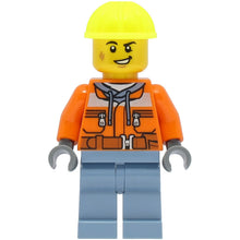 Minifig cty1465 - Train Worker - Male, Orange Safety Jacket, Sand Blue Legs, Neon Yellow Construction Helmet