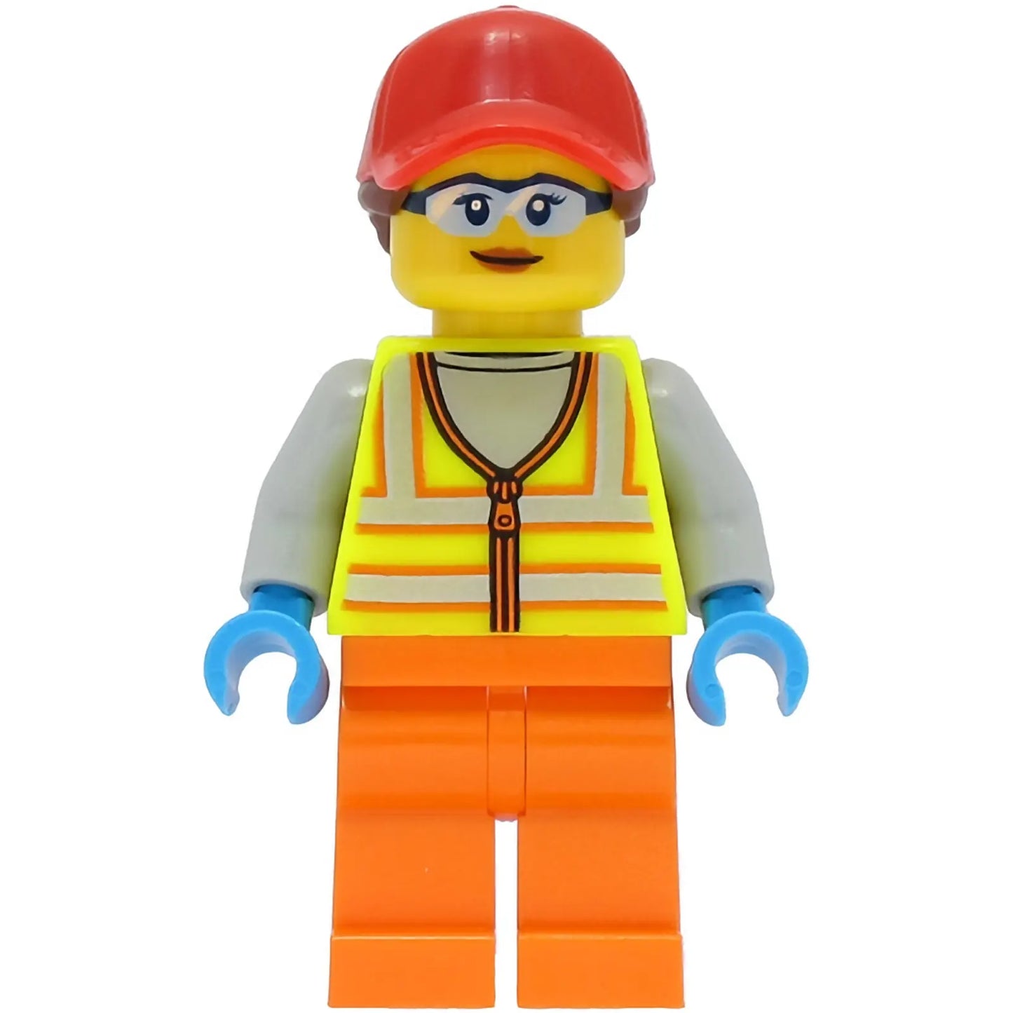 Minifig cty1467 - Reach Stacker Driver - Female, Neon Yellow Safety Vest, Orange Legs, Red Cap with Reddish Brown Ponytail