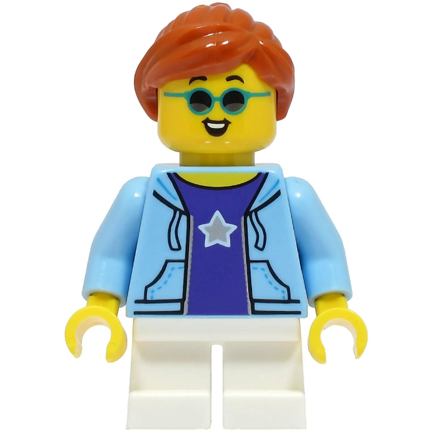 Minifig cty1497 - Child - Girl, Bright Light Blue Hoodie over Dark Purple Shirt, White Short Legs, Dark Orange Ponytail, Sunglasses