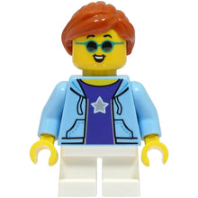Minifig cty1497 - Child - Girl, Bright Light Blue Hoodie over Dark Purple Shirt, White Short Legs, Dark Orange Ponytail, Sunglasses
