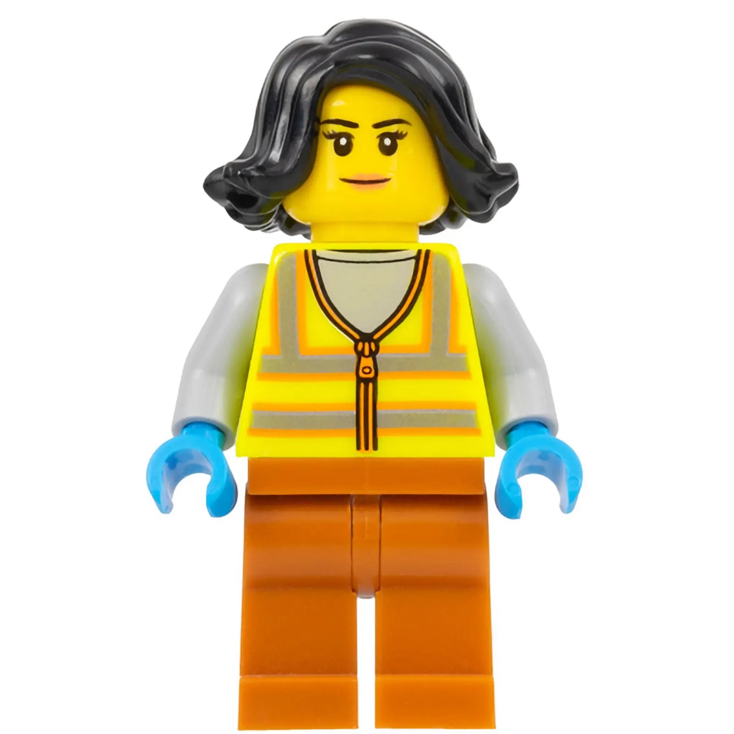 Minifig cty1522 - Recycling Worker - Female, Neon Yellow Safety Vest, Dark Orange Legs, Black Hair